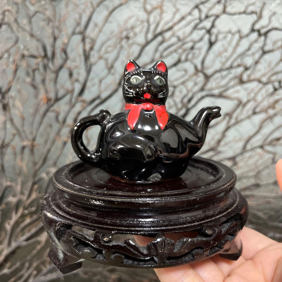 骨董　瀬戸　輸出用　希少　黒猫　招き猫　象コラボ　ティーポット　オブジェ　縁起物