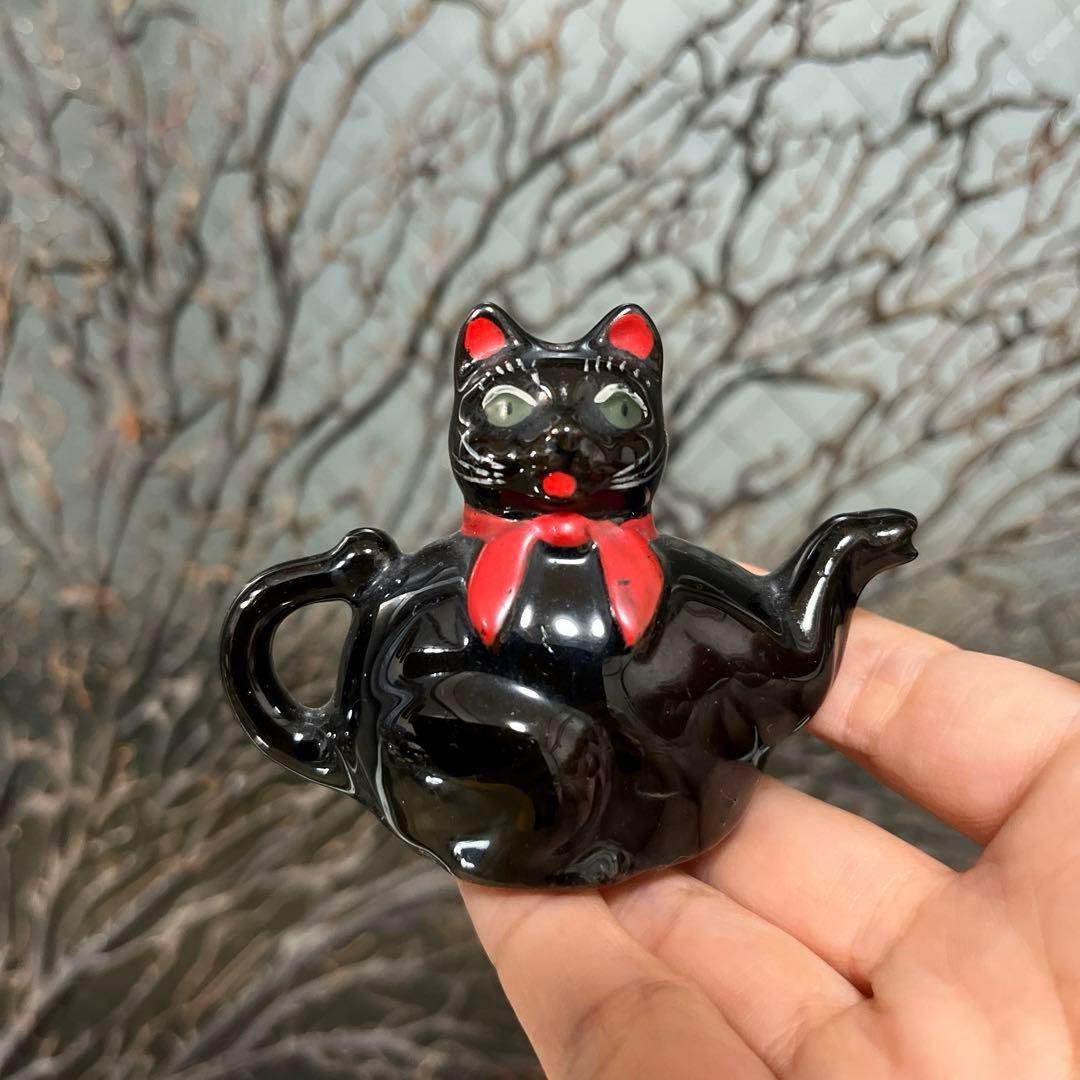 骨董　瀬戸　輸出用　希少　黒猫　招き猫　象コラボ　ティーポット　オブジェ　縁起物