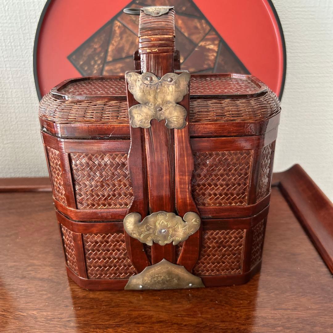 2段　竹細工アンティーク　収納ケース