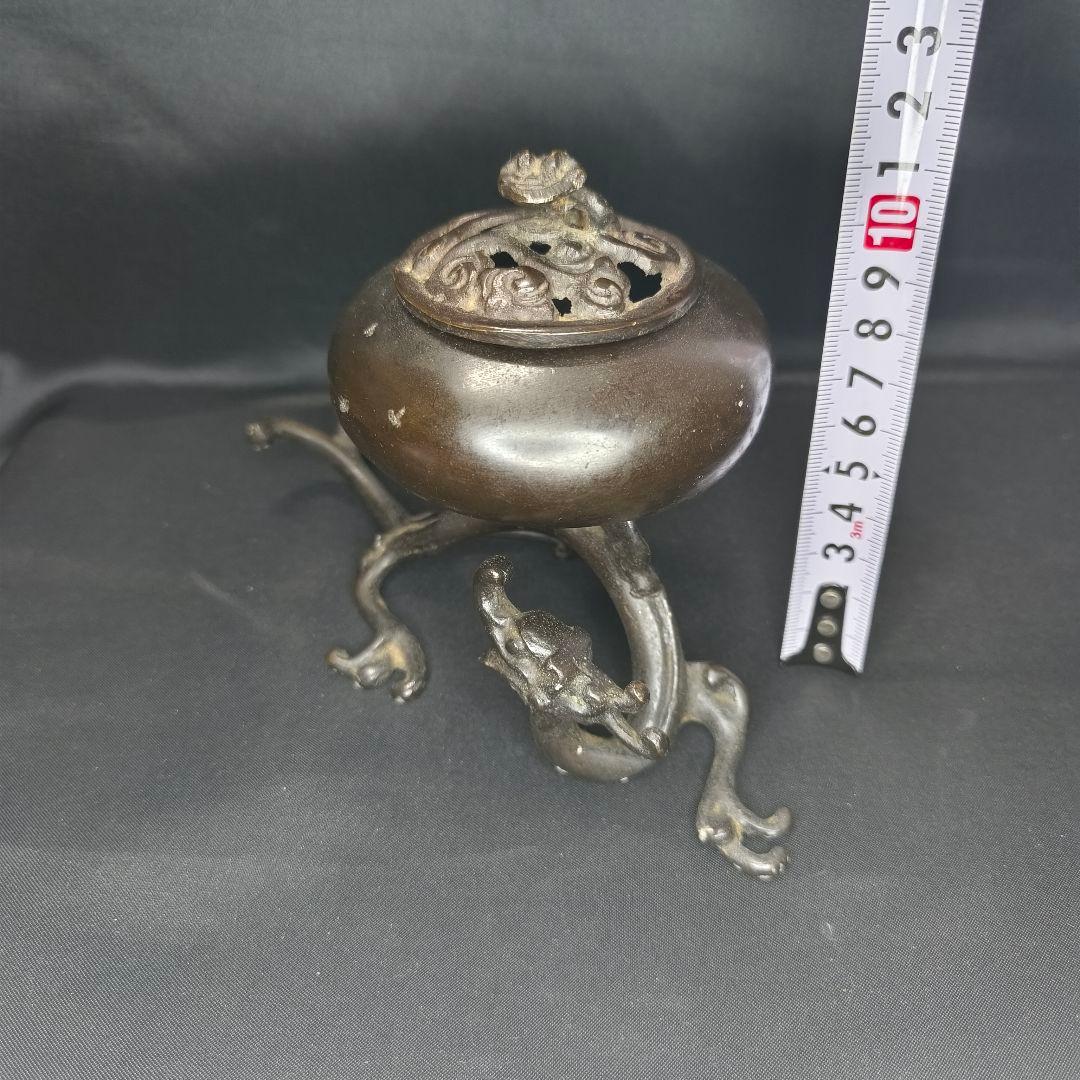 茶道具 茶香炉 唐銅置物 中国骨董 盤竜座 祥雲霊芝蓋 古美術 コレクター放出