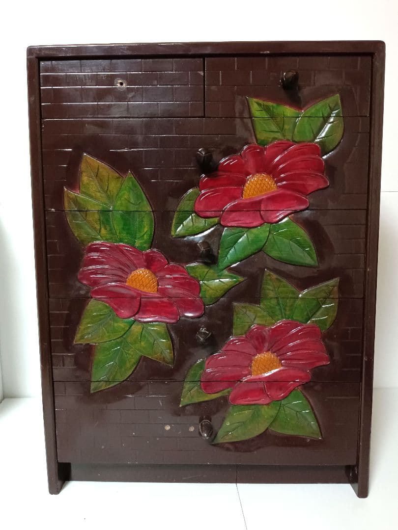 鎌倉彫り 椿 ツバキ ミニ箪笥　5段式　引き箪笥　ミニタンス　和箪笥　木製