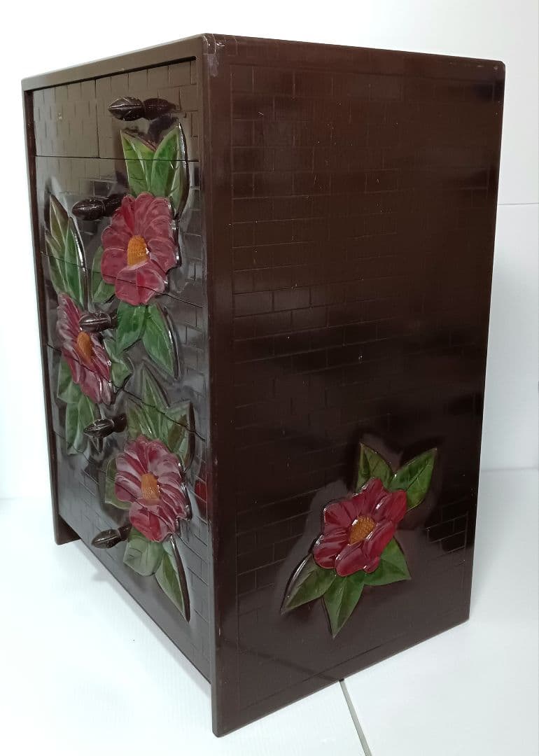 鎌倉彫り 椿 ツバキ ミニ箪笥　5段式　引き箪笥　ミニタンス　和箪笥　木製