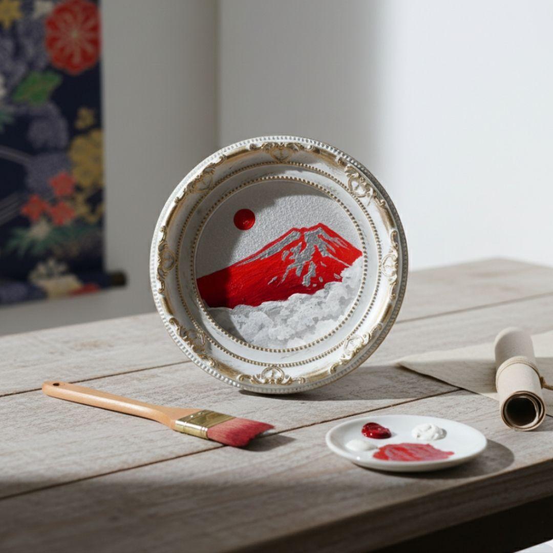 油彩画 円形ミニ絵画「赤富士」 銀の空と白い雲