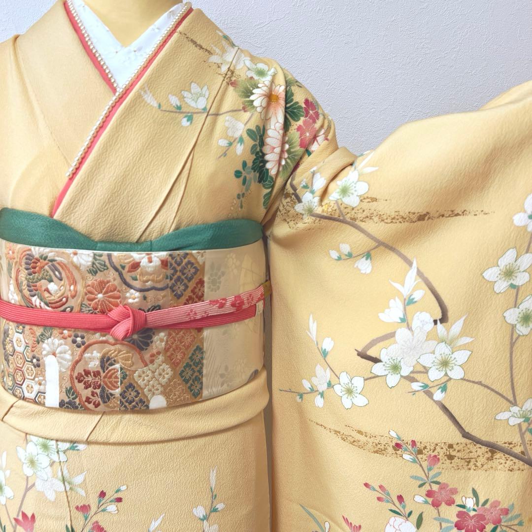 348 振袖フルセット 正絹 クリーム 黄色 金彩 小柄さん 正統派 お上品