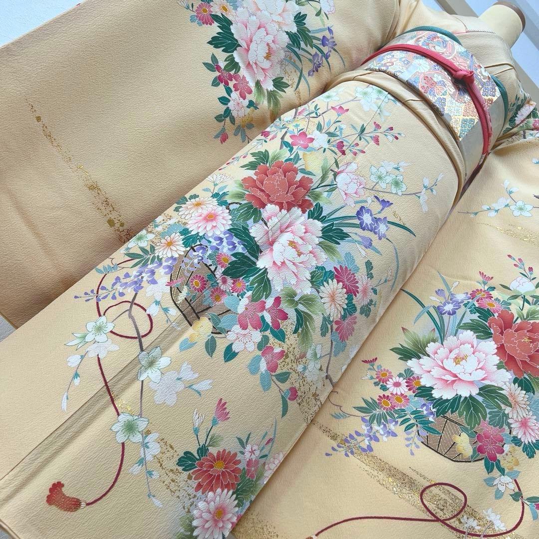 348 振袖フルセット 正絹 クリーム 黄色 金彩 小柄さん 正統派 お上品