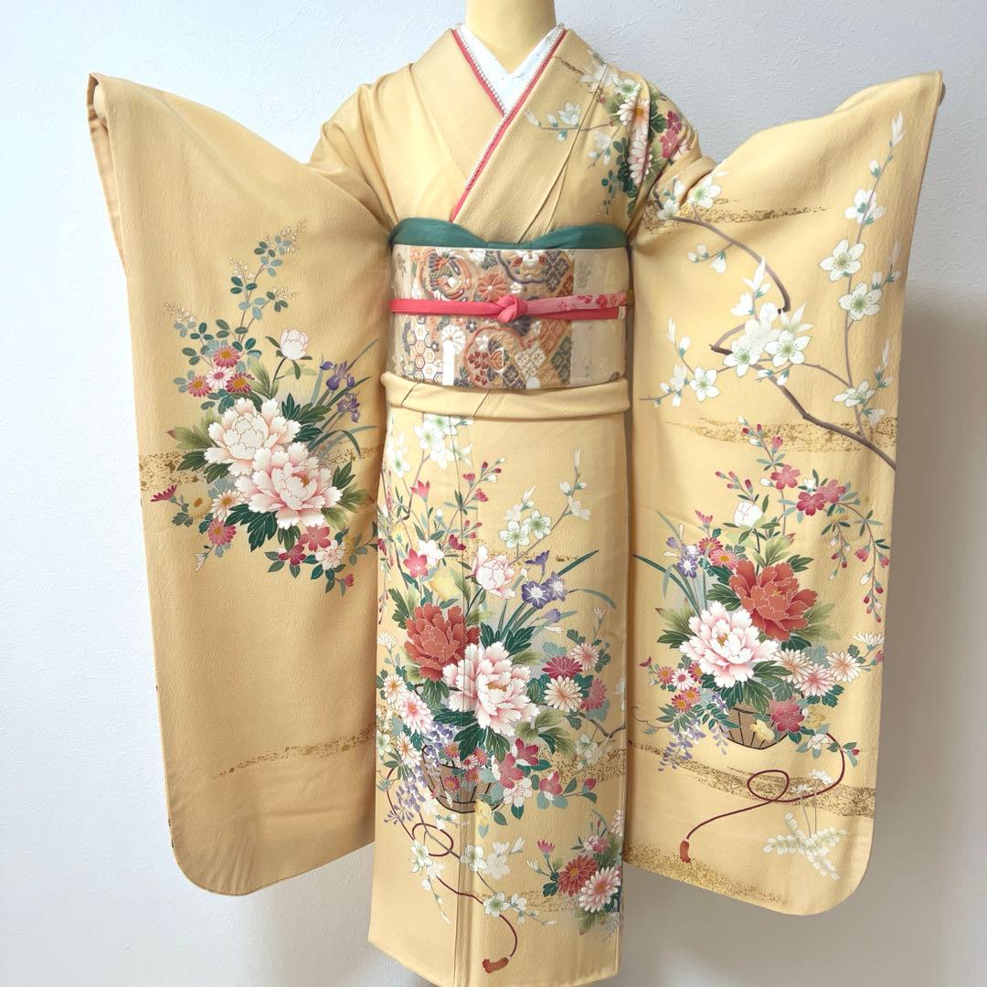 348 振袖フルセット 正絹 クリーム 黄色 金彩 小柄さん 正統派 お上品
