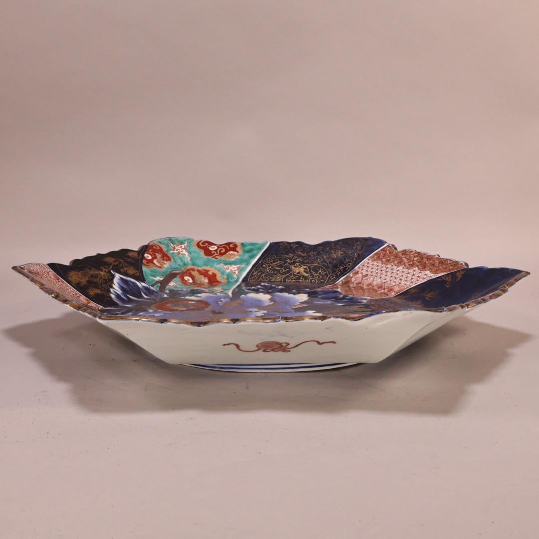 BK301　明治期　古伊万里　色絵小紋芍薬図　六角　大皿　大日本 肥蝶山 乃口製