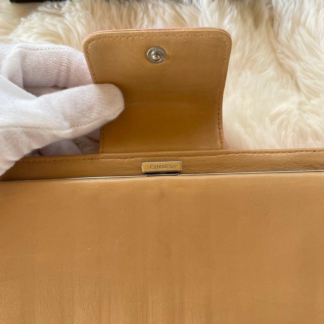 シャネル CHANEL 二つ折り 財布 アイコンライン ピンク がま口 ベージュ