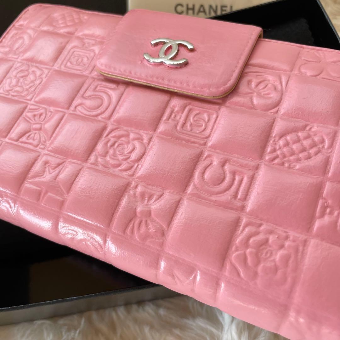 シャネル CHANEL 二つ折り 財布 アイコンライン ピンク がま口 ベージュ