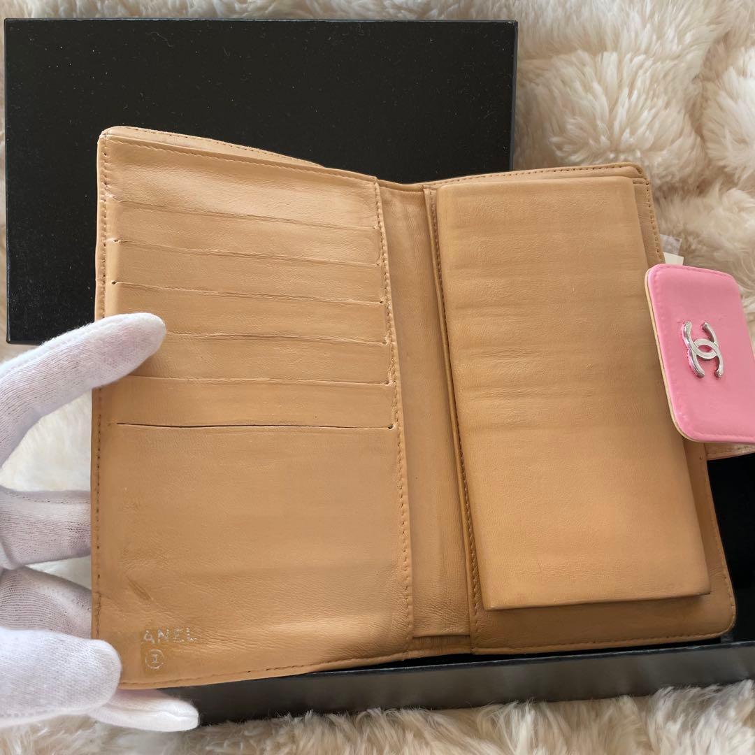 シャネル CHANEL 二つ折り 財布 アイコンライン ピンク がま口 ベージュ