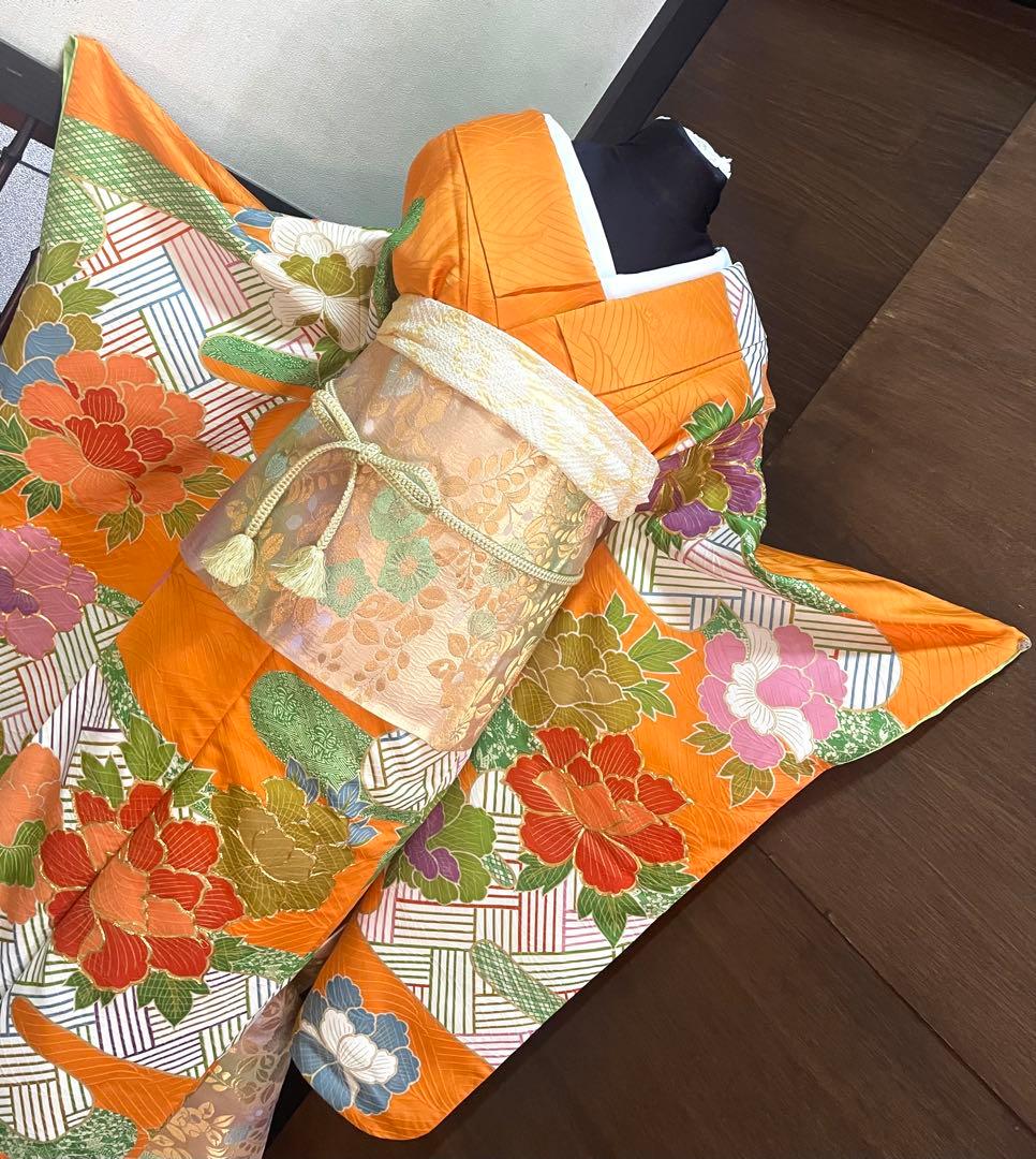 振袖フルセット6点サイズS〜M豪華金駒刺繍　牡丹花文　正絹　売り切り終了