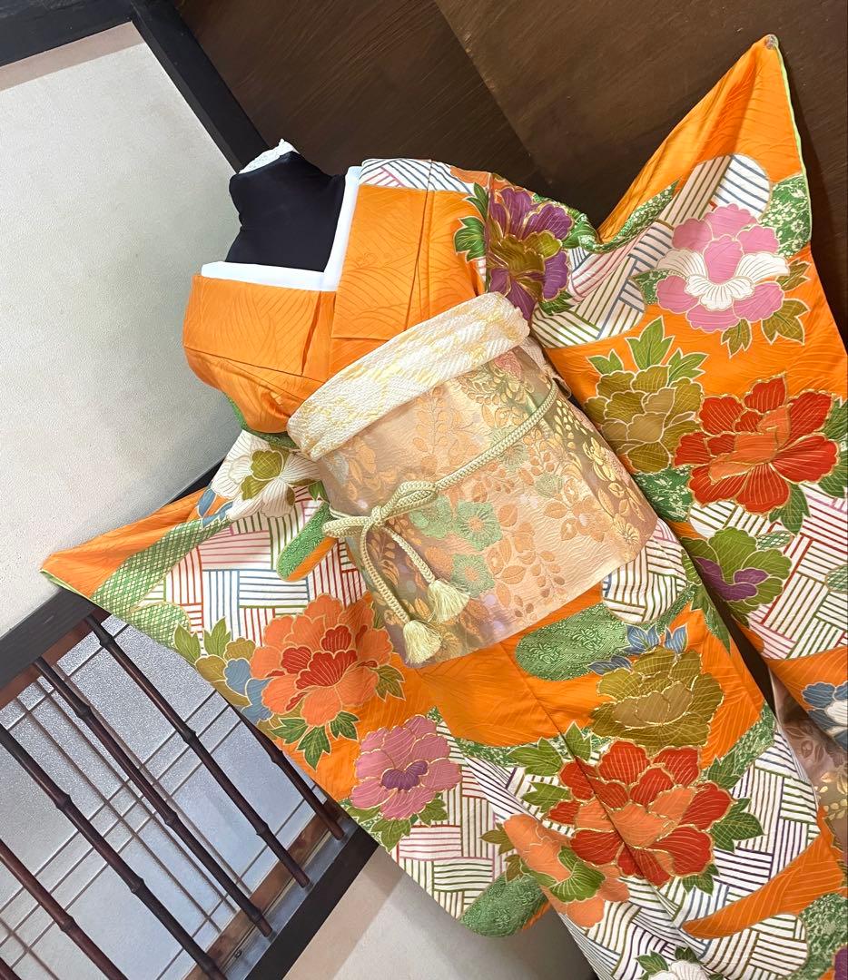 振袖フルセット6点サイズS〜M豪華金駒刺繍　牡丹花文　正絹　売り切り終了