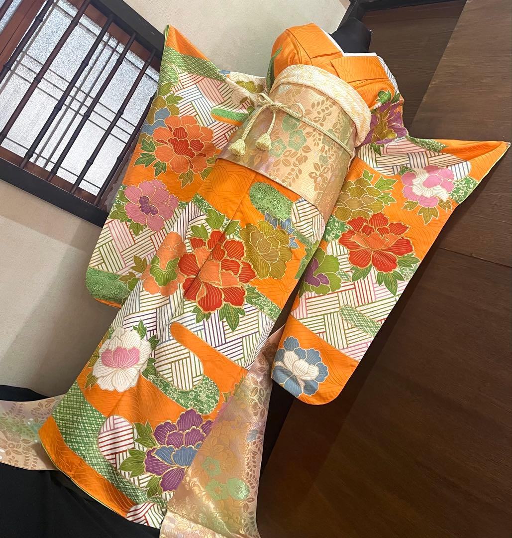 振袖フルセット6点サイズS〜M豪華金駒刺繍　牡丹花文　正絹　売り切り終了