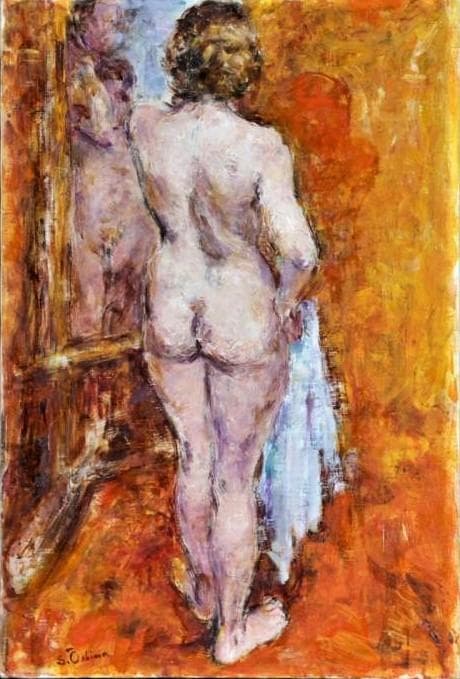 大島士一　真作保証 「鏡の前に立つ裸」 肉筆油彩M12号