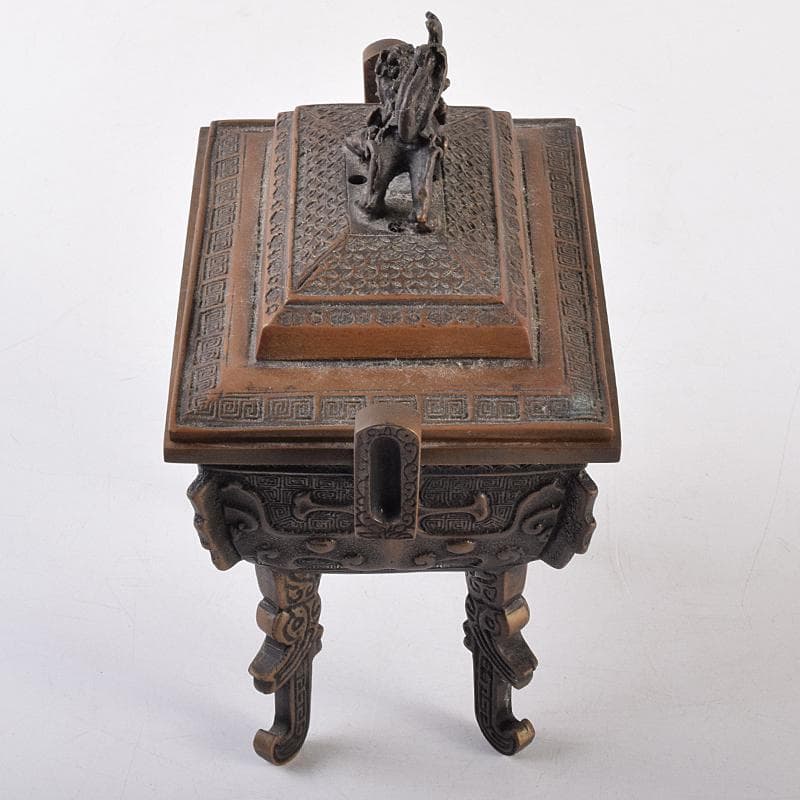 高岡銅器　米田陵山作　鋳銅　獅子摘　四方香炉　鼎　M　R7650