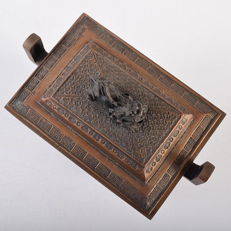 高岡銅器　米田陵山作　鋳銅　獅子摘　四方香炉　鼎　M　R7650