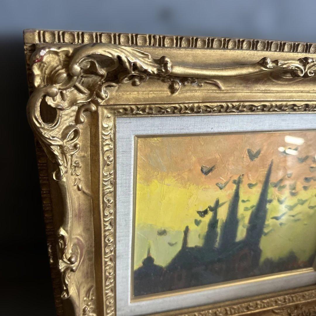 素晴らしい額の印象派風 油彩画 教会のシルエット