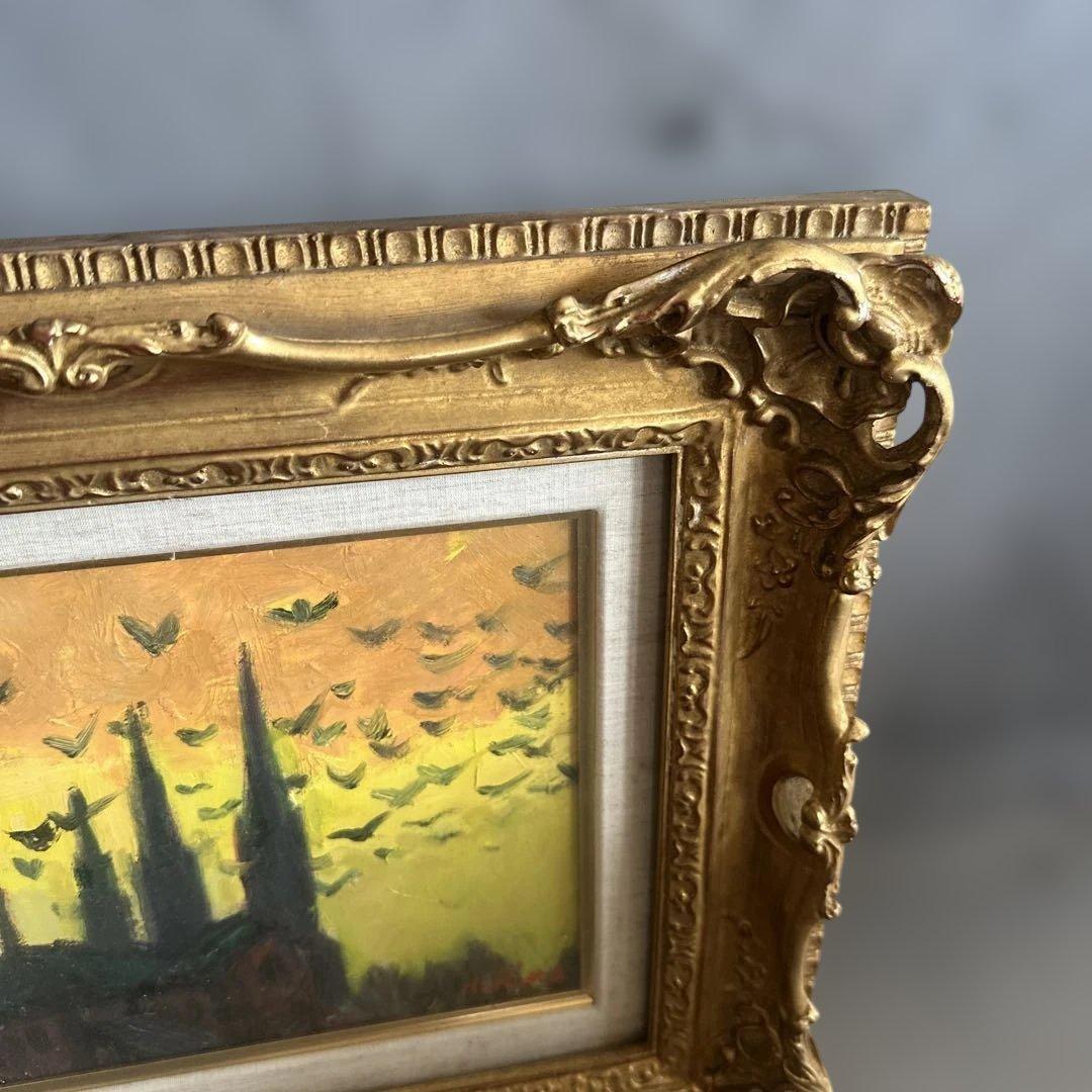 素晴らしい額の印象派風 油彩画 教会のシルエット