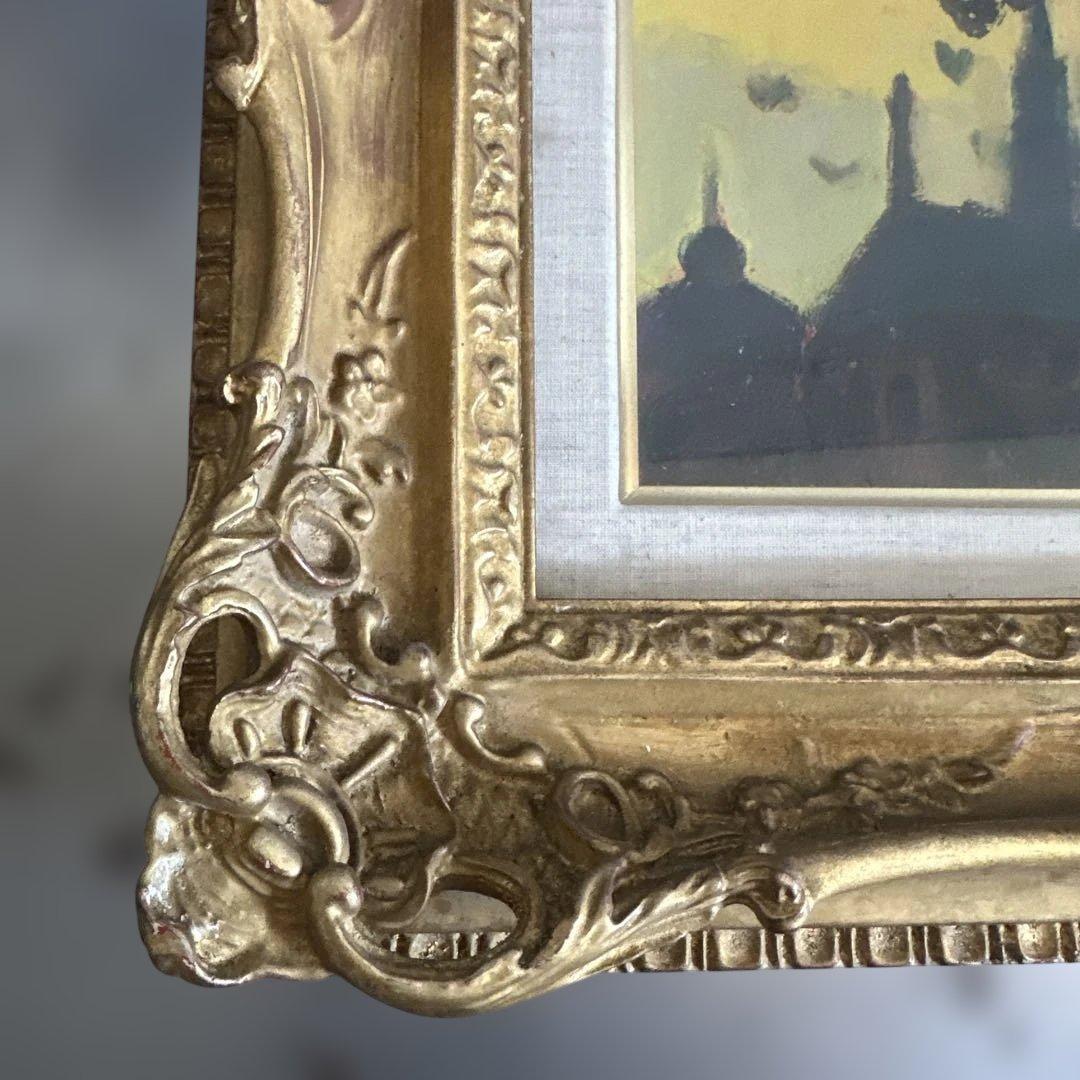 素晴らしい額の印象派風 油彩画 教会のシルエット