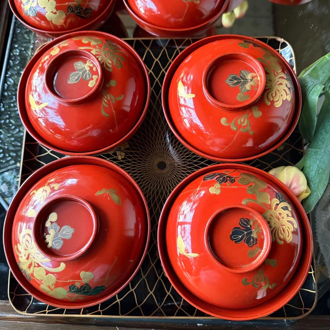 A様へ感謝お嫁入り‼️JAPAN 菊と蝶吉兆‼️朱色❌GOLD菊と蝶　吸物椀10客