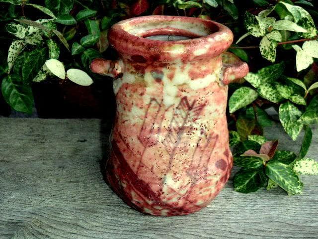 ♥茜志野　花器　四方桟 桐箱付き　志野　骨董品