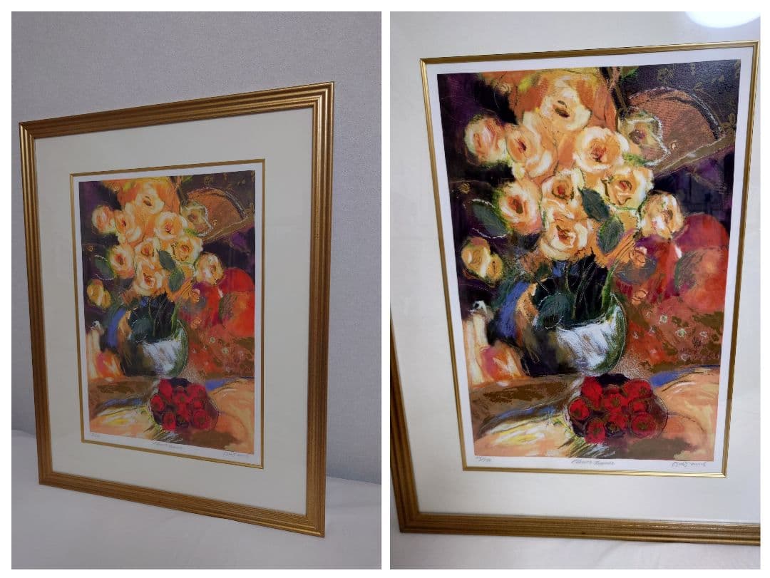 【２点セット】アンドリュープライス　赤いバラ＆黄色いバラ　版画　花　静物画　花瓶