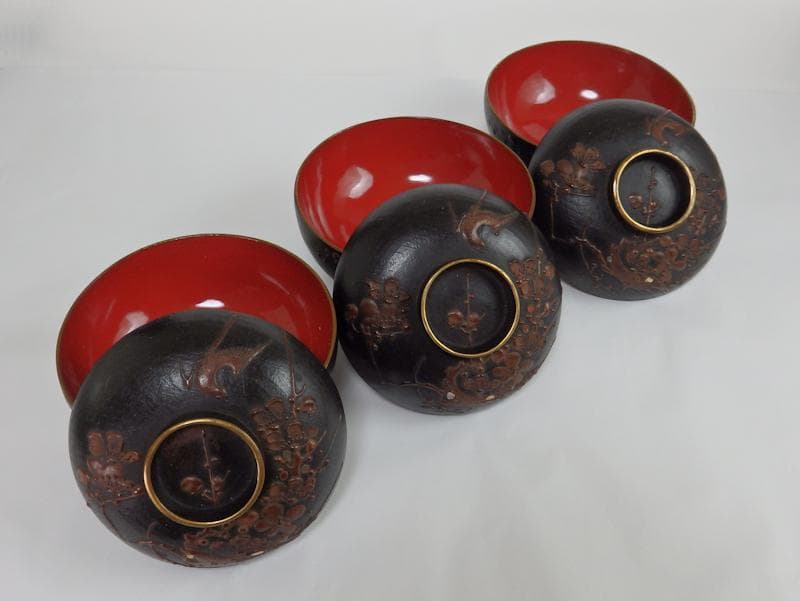 漆螺鈿　梅に鶯の図　吸い物椀　木製品　３客　A-fbnb