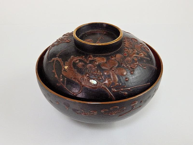 漆螺鈿　梅に鶯の図　吸い物椀　木製品　３客　A-fbnb