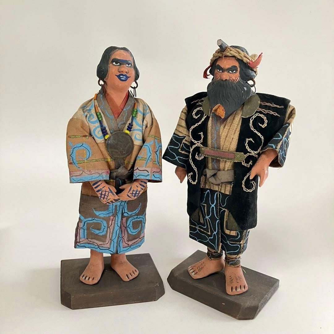 北海道　昭和初期　アイヌ　風俗人形　夫婦像　民俗資料　厚司織　タマサイ　民芸