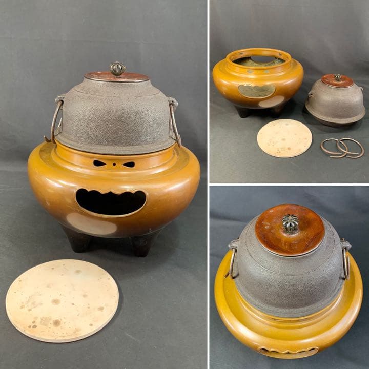 E64 送料無料　朝鮮釜　風炉釜　茶釜　唐銅　茶道具　茶室　釜鐶　底瓦