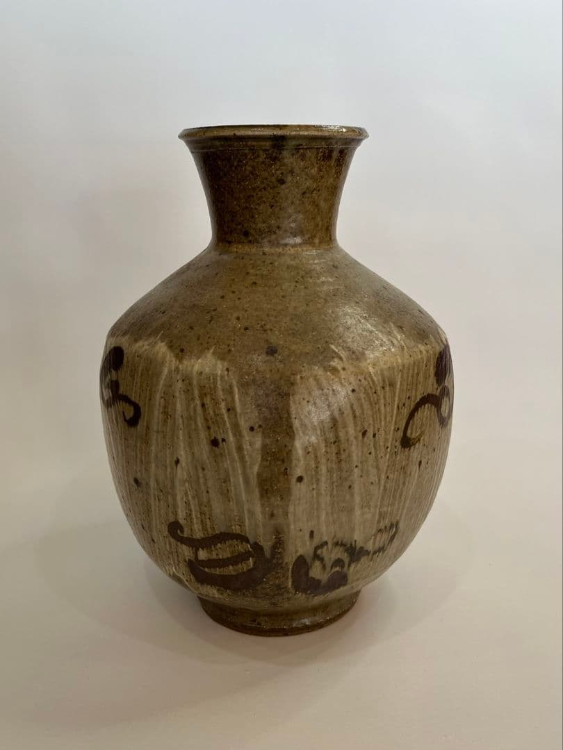 人間国宝・島岡達三作　鉄絵刷毛目面取扁壺　特大35cm 本物保証