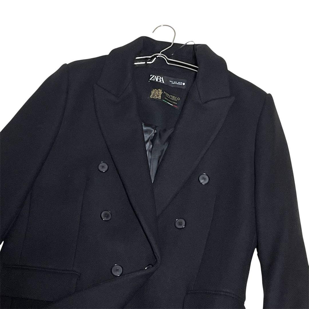【美品】ZARA ダブルブレスト ウールコート マキシ丈 マンテコ生地 黒 L