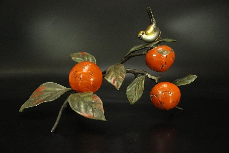 柿 木枝実 野鳥 置物 金属工芸(メ1168)