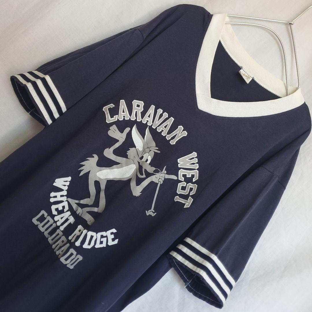 70's~80's sportswear フットボールTシャツ ネイビー キャラ