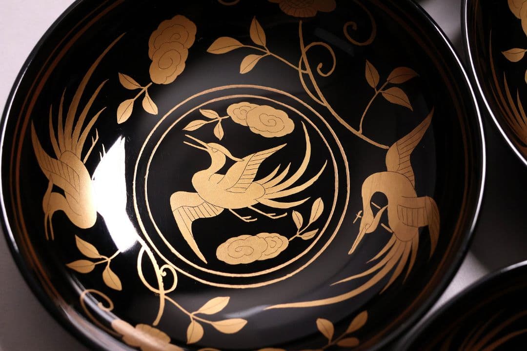 【MA723】木製漆器 長寛写 金蒔絵 黒塗木皿 二十客 吉祥鶴 菓子皿 小皿