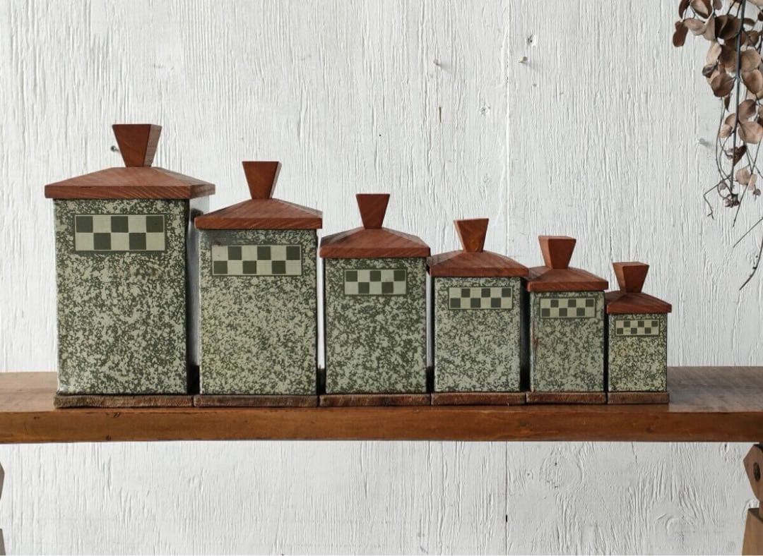 フランス アンティーク tin can 木蓋 キャニスター 6個セット ティン缶