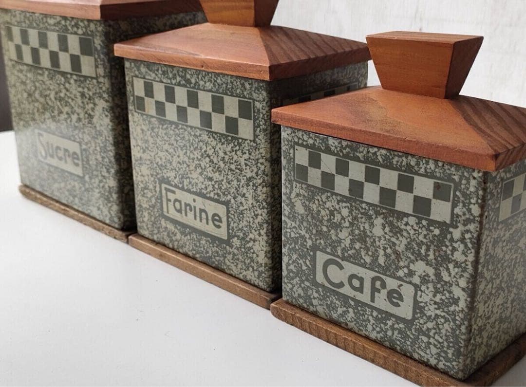 フランス アンティーク tin can 木蓋 キャニスター 6個セット ティン缶