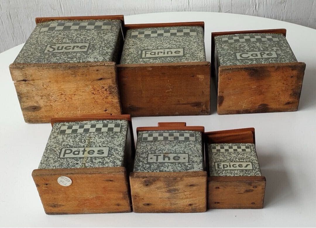 フランス アンティーク tin can 木蓋 キャニスター 6個セット ティン缶