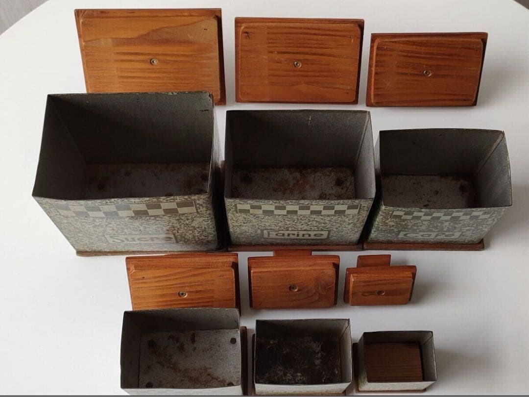 フランス アンティーク tin can 木蓋 キャニスター 6個セット ティン缶