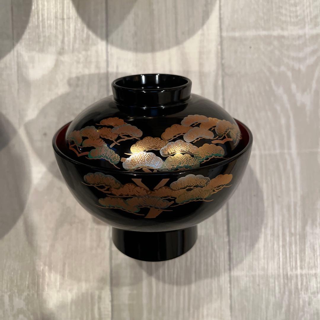 未使用品　雑煮椀　木製　黒内朱塗　松飾り　6組