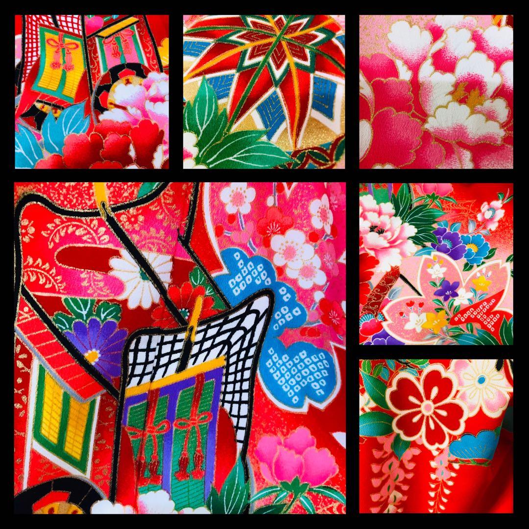 七五三七歳❣️豪華赤地手毬御所車花々金彩⭐︎作り帯楽々⭐︎完全フルセット銘品