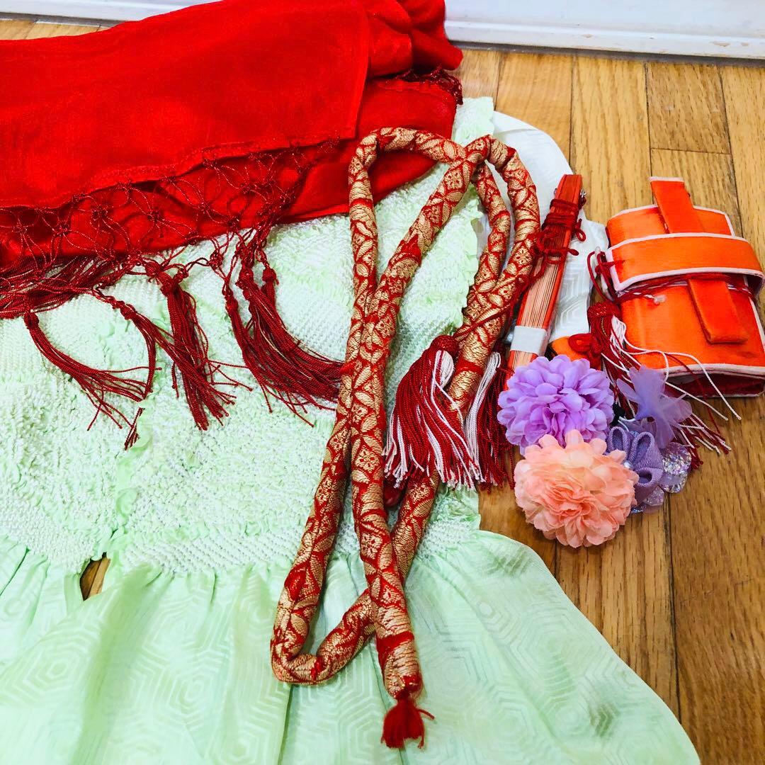 七五三七歳❣️豪華赤地手毬御所車花々金彩⭐︎作り帯楽々⭐︎完全フルセット銘品