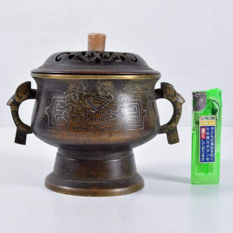 中国　古銅　象嵌神獣文　香炉　透かし唐木蓋　合せ箱　H　R4659