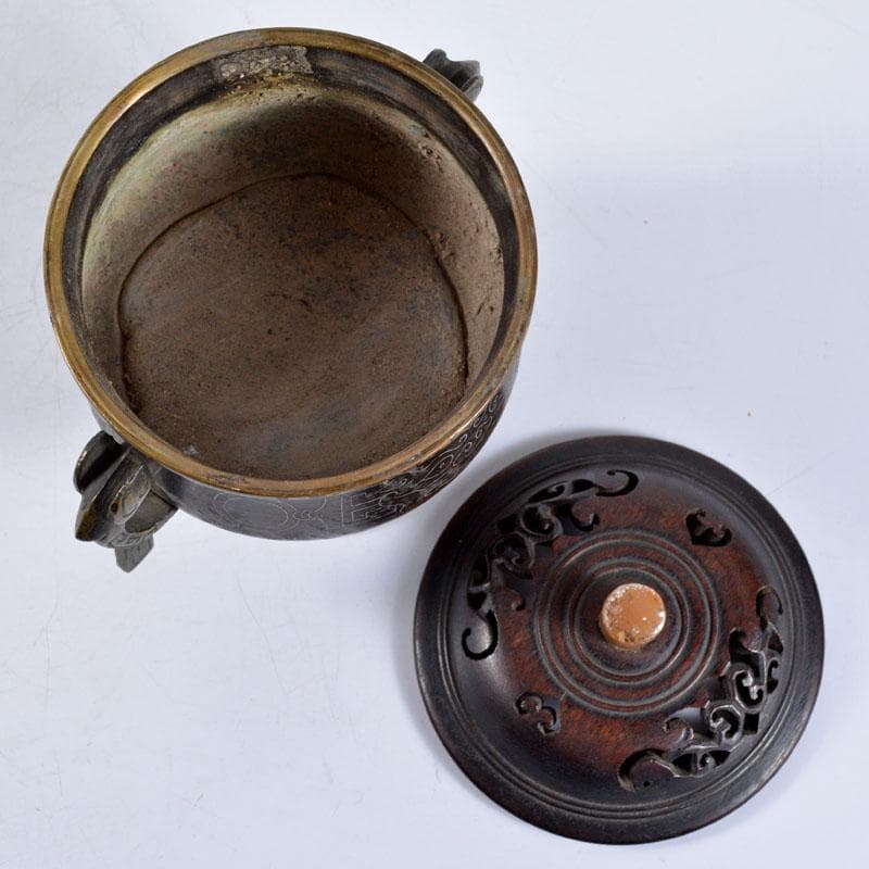 中国　古銅　象嵌神獣文　香炉　透かし唐木蓋　合せ箱　H　R4659