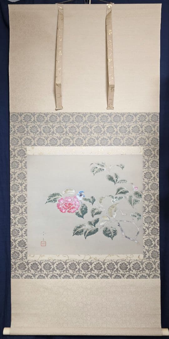 【紅椿図】西村卓三 2711 共箱 ツバキ 西村五雲息子 掛け軸 肉筆