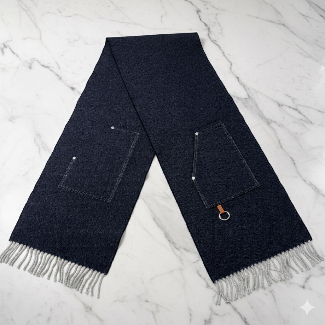 HERMES ネイビー カシミヤ マフラー