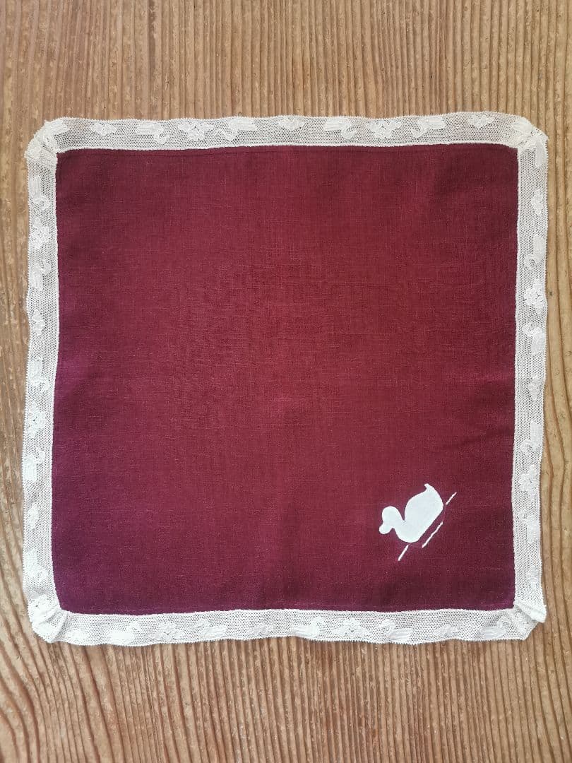 アンティーク 家鴨アップリケ刺繍 繊細な水鳥＆水草花アランソンレース クロス α