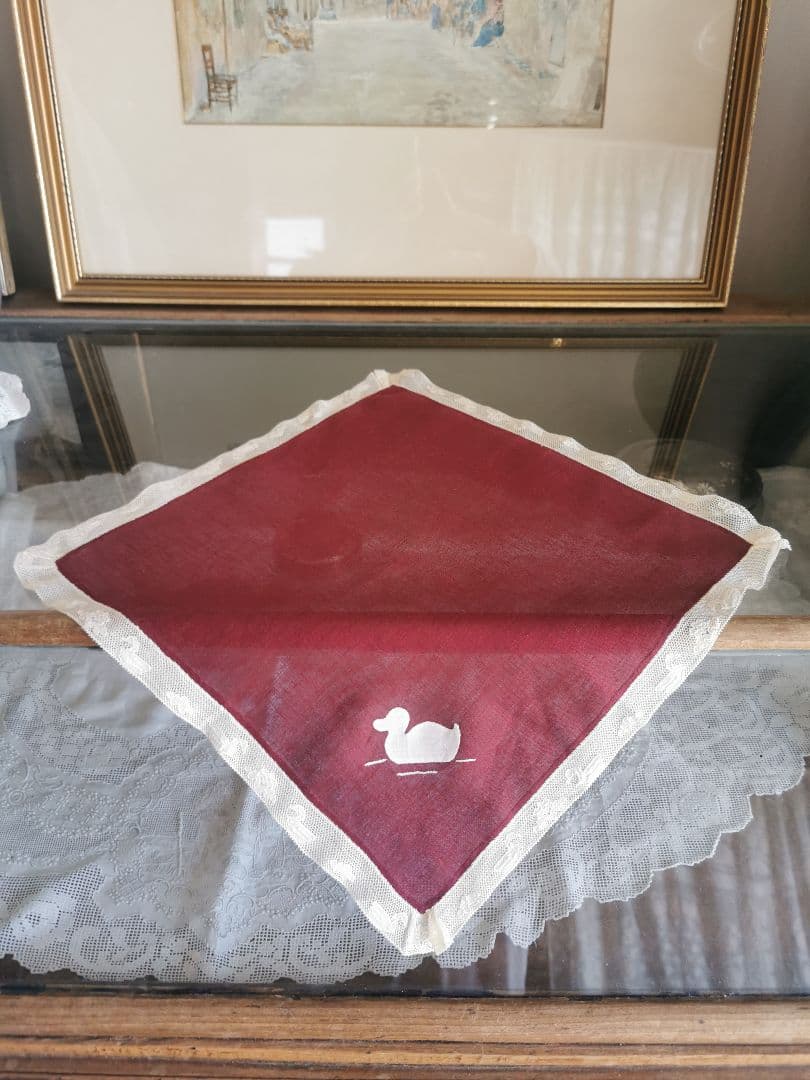 アンティーク 家鴨アップリケ刺繍 繊細な水鳥＆水草花アランソンレース クロス α