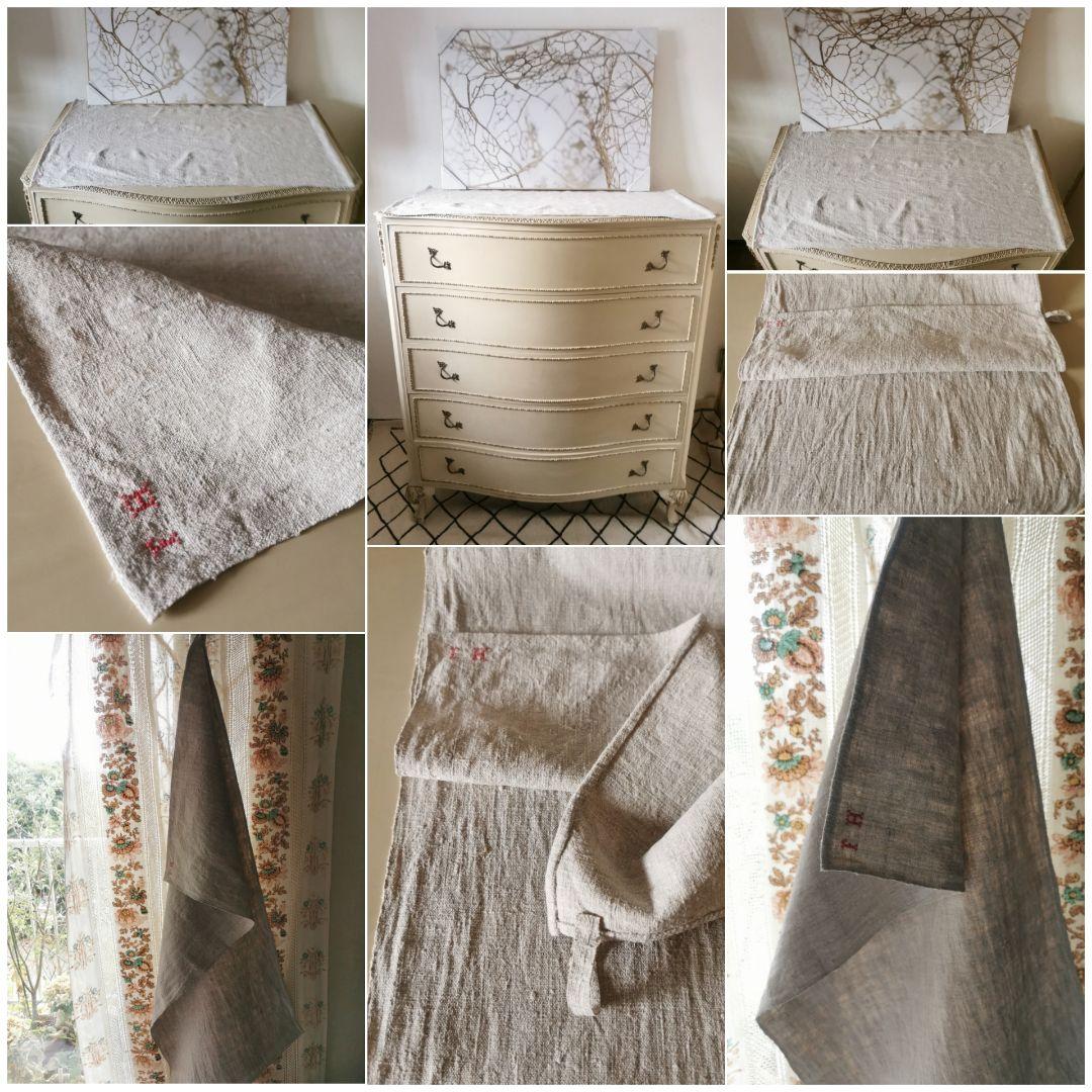 アンティークフランス ラスティック ホームスパンリネン イニシャル赤糸刺繍クロス