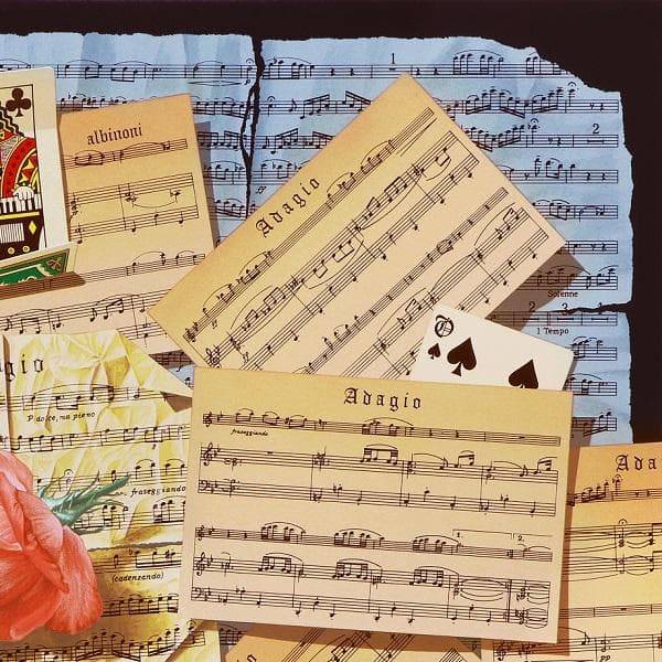 ★人気画家 陶山充 写実画 トランプと楽譜と薔薇 本物保証書付